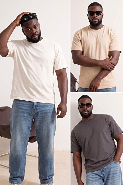 Trendyol Collection Stone- Ecru -Anthracite Regular 3-Pack 100% Cotton Plus S...