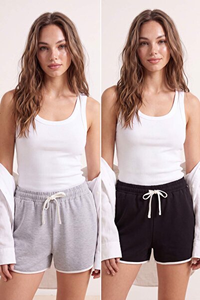 Trendyol Collection Black-Grey Plain High Waist Wide Leg 2 Thread Knitted Sho...