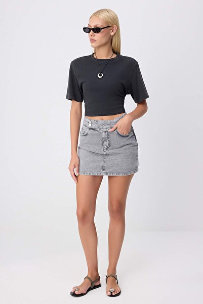 Trendyol Collection Gray Waist Detailed 100% Cotton Denim Shorts Skirt Twoss2...