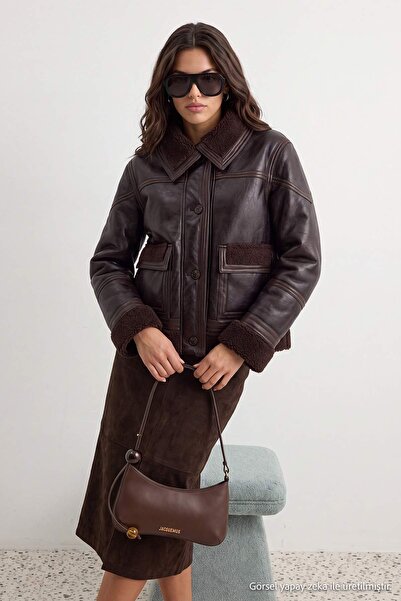 Trendyol Collection Dark Brown Regular Fit Plush Faux Leather Coat Twoaw27Mo0...