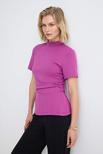 Trendyol Collection Purple Plain Fitted High Neck Short Regular 20/1 Combed S...
