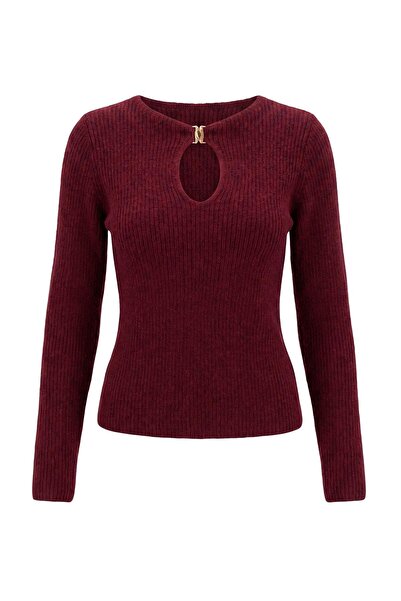 Trendyol Collection Burgundy Fitted Buckle Detailed Knitwear Sweater Twoaw27K...