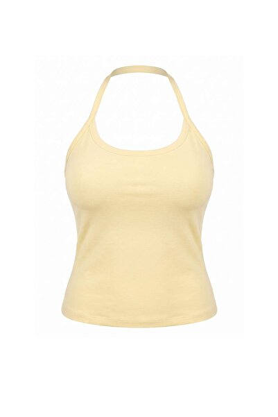 Trendyol Curve Yellow-Brown Halter Neck Flexible Knitted Plus Size Athlete Tb...
