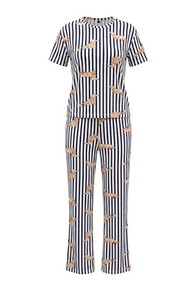Trendyol Collection Set de pijamale multicolore, 100% bumbac, tricotate, cu d...