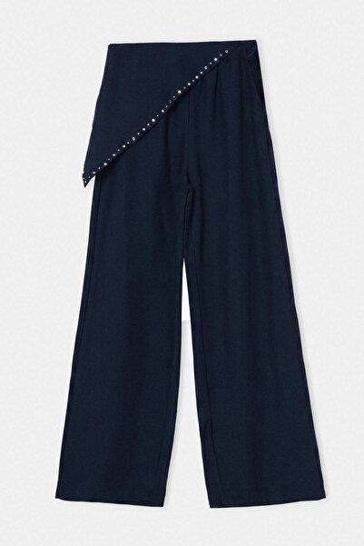 Drop by TrendyolMilla Navy Blue Elastic Waist Stoned Scarf Belted Trousers Td...
