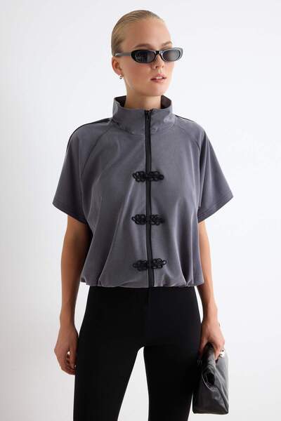 Trendyol Collection Gray Plain Regular High Neck Raglan Sleeve Short Modal Kn...