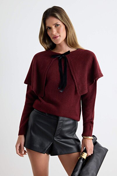 Trendyol Collection Burgundy Soft Textured Cape Detailed Ribbon Detailed Knit...