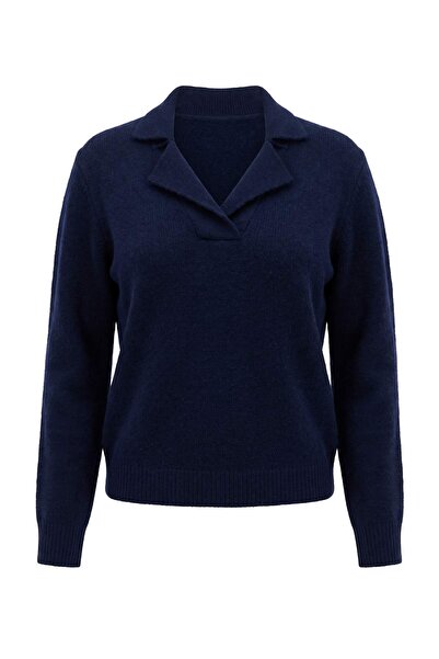 Trendyol Curve Navy Blue Jacket Collar Soft Feel Knitwear Sweater Tbbaw27An00046