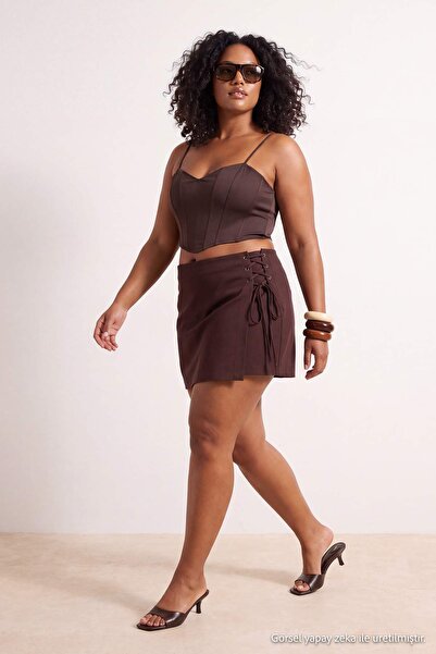Trendyol Curve Brown Woven Lace Detailed Mini Plus Size Shorts Skirt Tbbss22A...