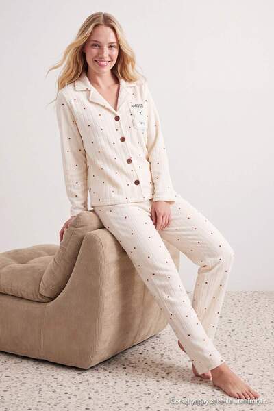 Trendyol Collection Ecru Polka Dot Fleece Knitted Pajama Set Thmaw24Pt00176