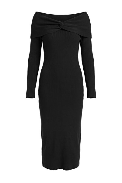 Trendyol Collection Black Carmen Collar Bodycone Ribbed Long Knit Dress Twoaw...