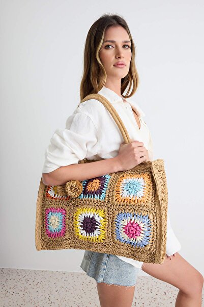 TRENDYOL SHOES Multi-Colored Straw Hand-Knitted Women's Maxi Shoulder Bag Tak...