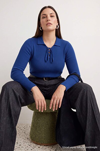 Trendyol Curve Petrol Polo Neck Ribbed Thin Knitwear Blouse Tbbaw26Af00001