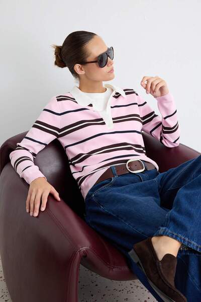 Trendyol Collection Pink Striped Polo Collar Slim Knitwear Sweater Twoaw27Kz0...