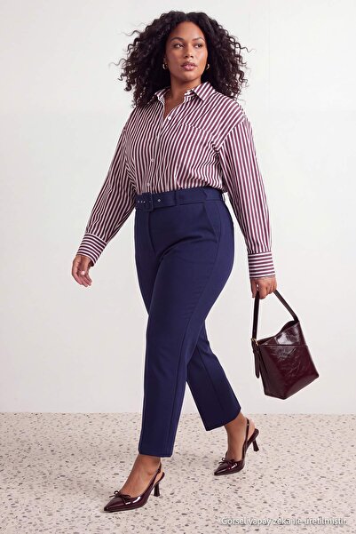 Trendyol Curve Navy Blue High Waist Tube Leg Belt Detailed Woven Plus Size Tr...