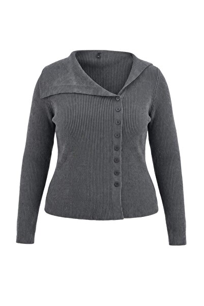 Trendyol Curve Anthracite Mercerized Look Special Yarn Fitted Knitwear Cardig...