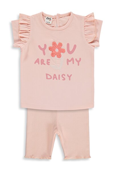 Civil Baby Yazı-Çiçek Baskı Nakış 6-18 Ay Takım - Pudra