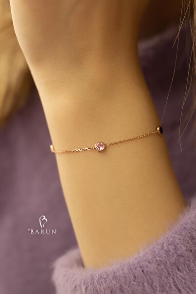BY BARUN SİLVER Taşlı Bileklik 925 Ayar Zirkon Taşlı Yuvarlak Rose Pembe Zinc...
