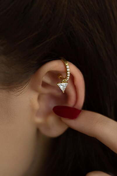 BY BARUN SİLVER Kıkırdak Earcuff Halka Yuvarlak Tektaş 925 Ayar Zirkon Taşlı Sarı Gold Sıkıştırmalı Gümüş Küpe