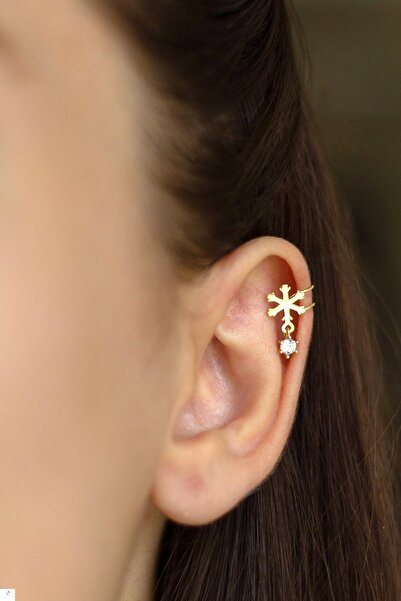 BY BARUN SİLVER Kıkırdak Earcuff Kar Tanesi Yuvarlak 925 Ayar Zirkon Sarı Gol...