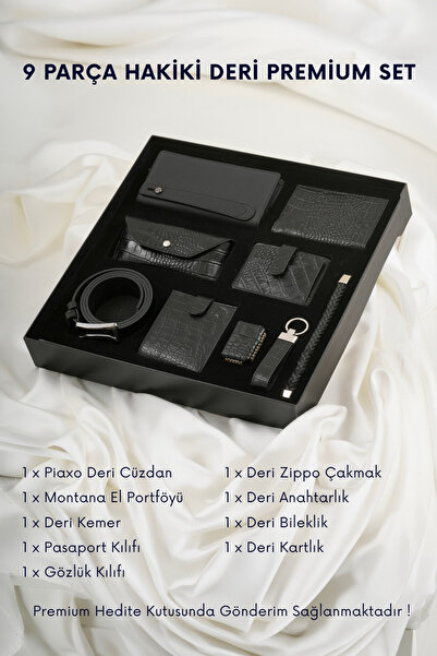 CüzCan 9 Parça Hakiki Deri Croco Siyah Premium Kişiye Özel Erkek Hediye Seti ...
