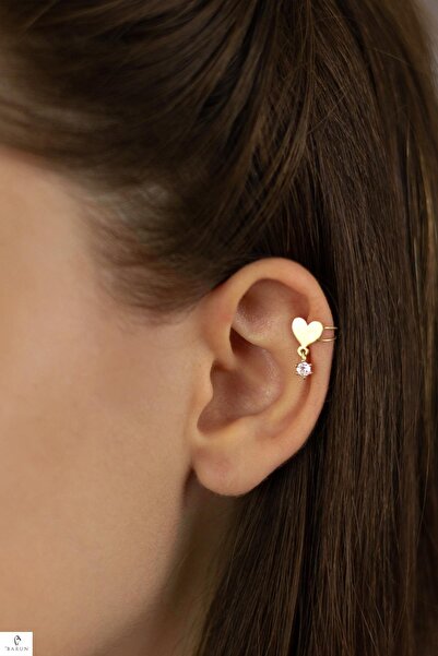 Kıkırdak Earcuff Kalp Aşk 925 Ayar Zirkon Taşlı Sarı Gold Sıkıştırmalı Gümüş Küpe Sol Kulak