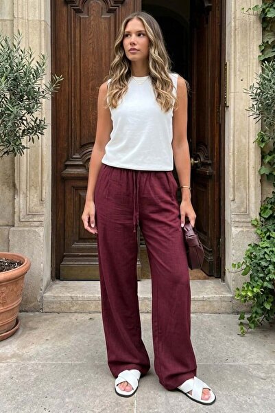 Madmext Παντελόνι από ύφασμα με φαρδύ πόδι με μπορντό μέση MG1950