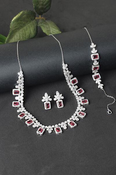BY BARUN SİLVER Gümüş Set Gerdanlık Kolye Küpe Bileklik Safir Zümrüt Yakut 92...