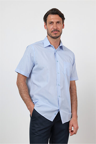 İmza Ανοιχτό μπλε βαμβακερό πουκάμισο με σκληρό γιακά, κοντό μανίκι, τσέπες κ...