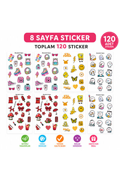 marifetli tığım Kawaii & Girl Power Sticker Seti 120 Adet – 8 Sayfa Sevimli E...
