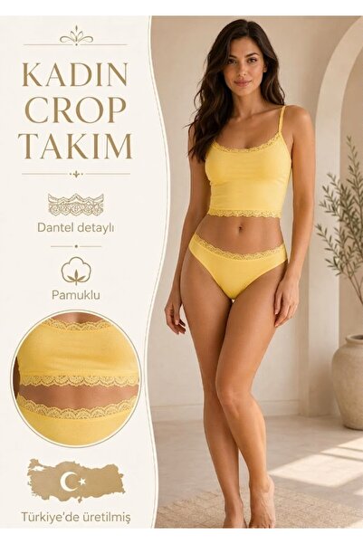 Mercan Women's Lace Detailed Yellow Crop Top and Bottom Set (Tank Top + Slip)