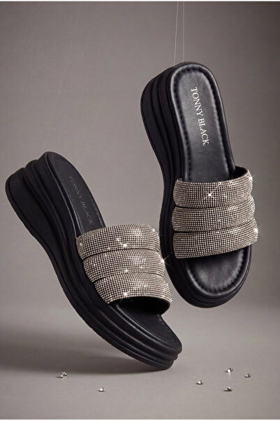 Tonny Black Γυναικείες μαύρες άνετες παντόφλες με ψηλή σόλα και γκλίτερ