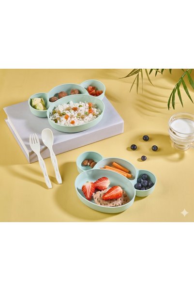 SHOP AND JOY Green Baby Food Plate Set with Monkey Figure and Compartments - Bpa-Free Feeding Set with Fork and Spoon