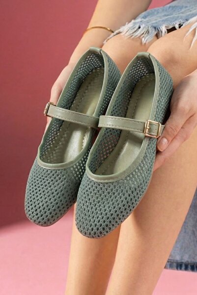 FUGA MODA Μπαλαρίνες Avila Mint Green Knitwear με χρυσή αγκράφα και ζώνη