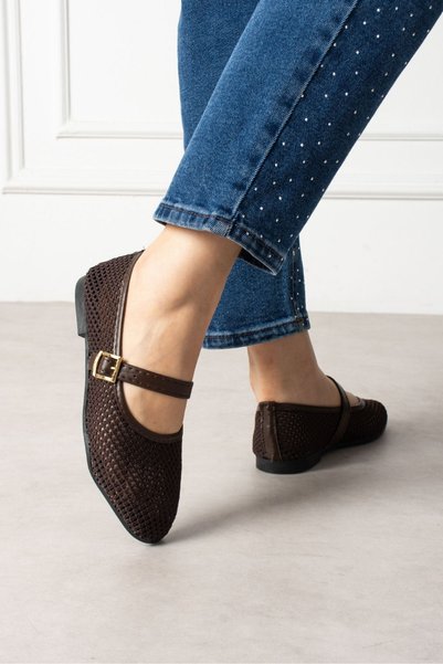 FUGA MODA Avila Brown Knitwear Mesh Gold Buckle Belted Ballerinas