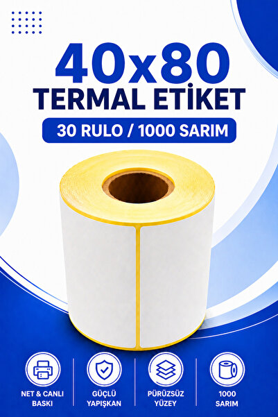 Küresel Etiket Barkod 40x80mm Termal Etiket | 30 Rulo | 1000 Sarım | Ribonsuz...