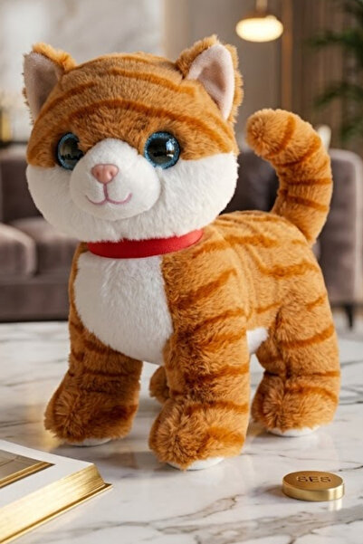 viyolmarketim Sesli Miyavlayan Peluş Kedi 35 cm – Turuncu Yumuşak Oyuncak, Uy...