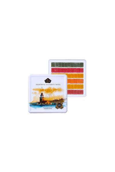 Çerez Pazarı Delicious Turkish Delight in a Gift Metal Box 725g Gluten-Free Vegan 6 Flavors of Fruits Glucose-Free