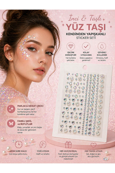 dorre Parlak Taşlı Kendinden Yapışkanlı Yüz taşı Sticker Seti (Kalp & Yuvarla...