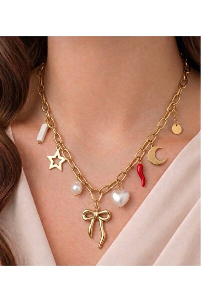 Lume Store Women's Zara Model Gold Charm Ribbon Detailed 316L Steel Necklace