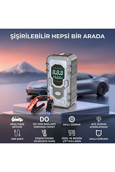 Enshall 10.000mAh Çantalı Akü Takviyeli 1000A Tepe Akımlı Araç Lastik Şişirme Hava Kompresörü Jump Starter