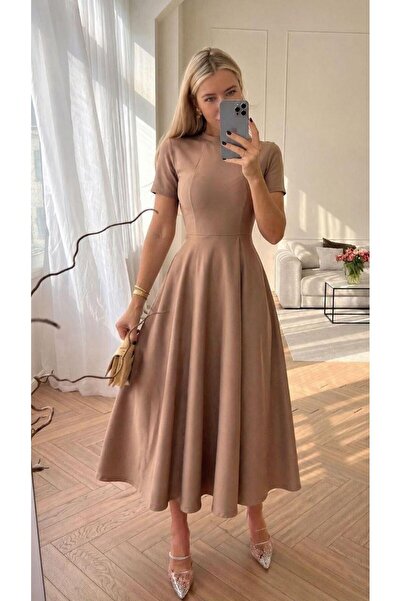 Modafeminen Κοντομάνικο Φόρεμα από Ύφασμα Κρεπ με Τσέπες ΜΠΕΖ 582110