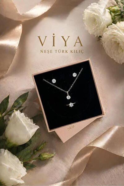 VİYA Ines Pırlanta Model Tektaş Zirkon Taşlı Kolye Küpe Yüzük Düğün Seti