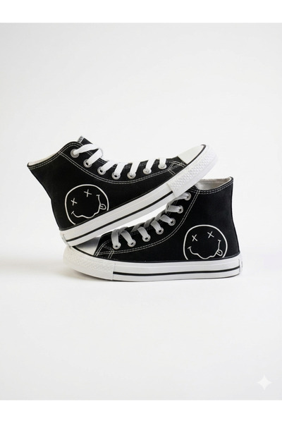 Lideral Unisex Siyah Beyaz Smile Baskılı Convers Model Rahat Keten Bilekli Sn...