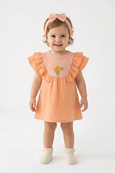 VEGAMOD Summer Baby Girl Muslin Dress with Embroidered Collar and Bands 6-9-1...