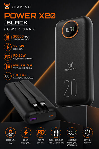 SNAPRON SNP-3013 20.000 mAh Powerbank 22.5W Hızlı Şarj LCD Ekranlı Dahili Kab...