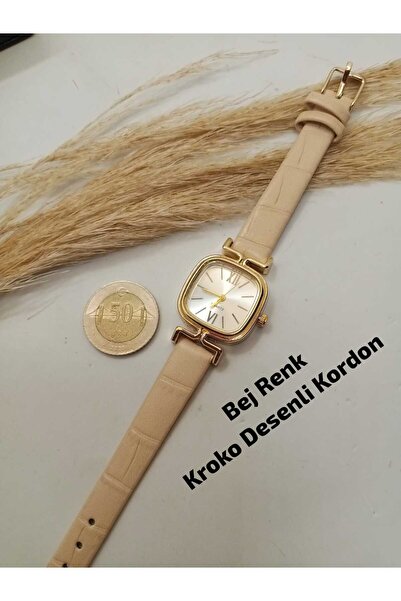 QUARTZ Marka Tasarım Kadın Kol Saati Vintage Model Bej Renk Kroko Desenli Kordon