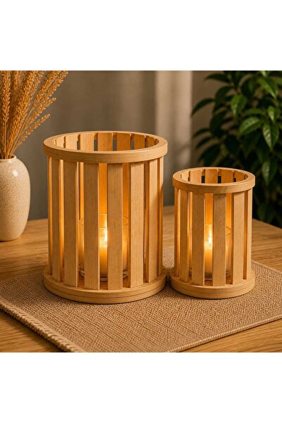 bemdesign Minimal Ahşap Mumluk 2 li set Dekoratif Fener