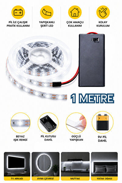Beyaz Pırıltı Beyaz Renk Pil Ile Çalışan Şerit Led 1 Metre Pilli Şerit Led (P...