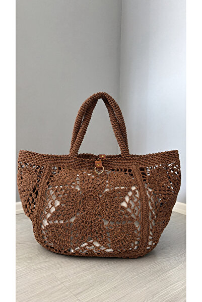 WOMANBAG EL YAPIMI XL BOY HASIR PLAJ ÇANTASI (65x48cm)KAHVERENGİ